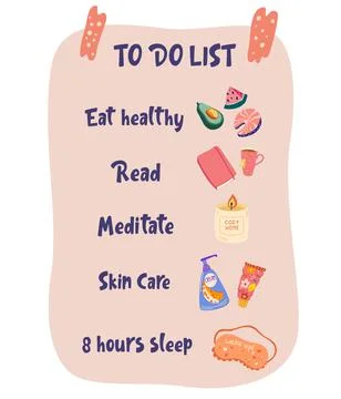 Self care checklist and routine to do ideas.  Relaxing, eating well, health,  Stock Illustration