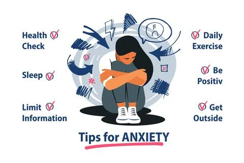 Self care concept. Tips for anxiety management. Woman with anxiety disorder.. Stock-Illustration