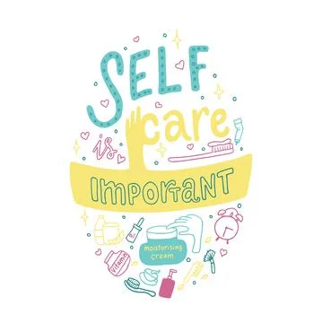 Self care is important lettering quotes for healthy lifestyle. Vector stock Illustrazione stock