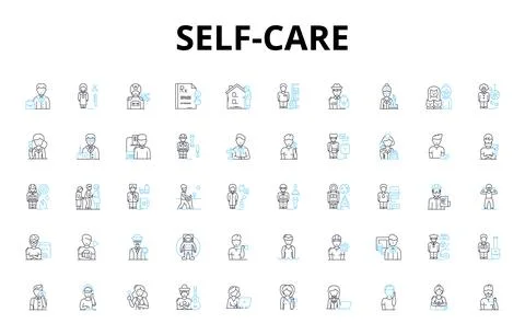 Self Care linear icons set. Relaxation, Meditation, Mindfulness, Hydration Stock Illustration