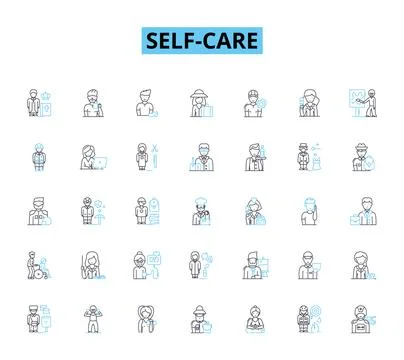 Self Care linear icons set. Relaxation, Meditation, Mindfulness, Hydration Stock Illustration