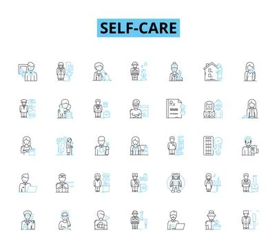 Self Care linear icons set. Relaxation, Meditation, Mindfulness, Hydration 스톡 일러스트