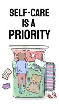 Self-care is a priority. Charge your inner battery. Motivational cartoon post Illustrazione stock