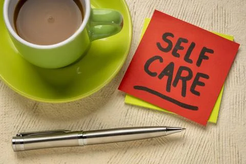 Self care reminder note with coffee Stock Photos