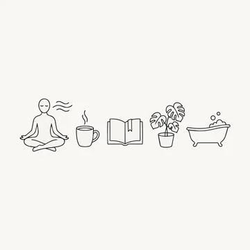 Self care routine line icons, meditation, coffee, book, plant, bath Silhouett 库存插图