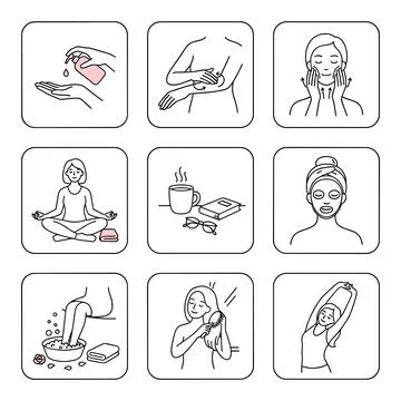 Self care routine minimalist line icons set, woman meditating, applying ski.. Stock Illustration