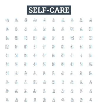 Self Care vector line icons set. Wellness, Hygiene, Exercise, Mindfulness Stock Illustration