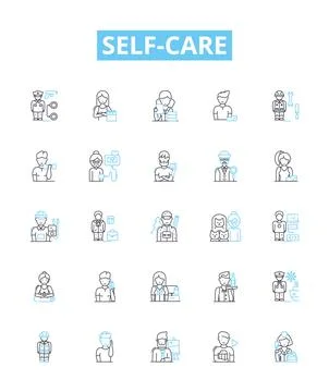 Self Care vector line icons set. Wellness, Hygiene, Exercise, Mindfulness Stock Illustration