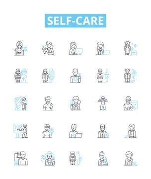 Self Care vector line icons set. Wellness, Hygiene, Exercise, Mindfulness Stock Illustration