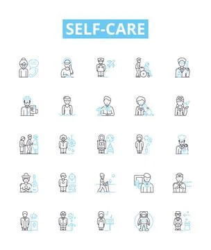 Self Care vector line icons set. Wellness, Hygiene, Exercise, Mindfulness Stock Illustration