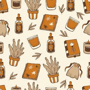 Self Care Wellness Seamless Pattern. Scented Candles, Notebook, Potted Plan.. Stock Illustration
