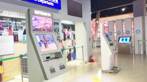 Self-checkin machine installed at the airport Stock Footage 275888536