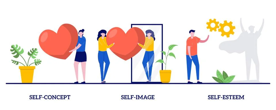 Self-concept, self-image, self-esteem concept with tiny people. Personal im.. Stock Illustration