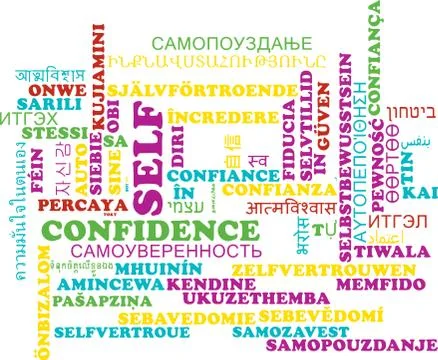 Self-confidence multilanguage wordcloud background concept Stock Illustration