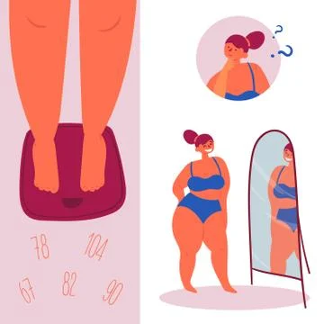 Self confidence. Plus size, Fat woman on scales Stock Illustration