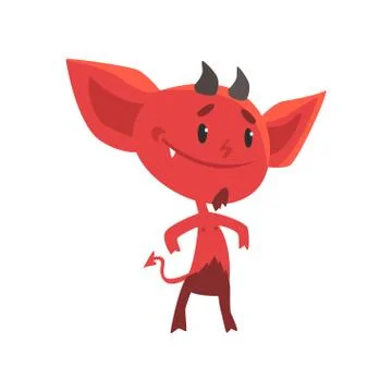 Self-confident smiling red devil stands isolated on white background. Flat Illustrazione stock