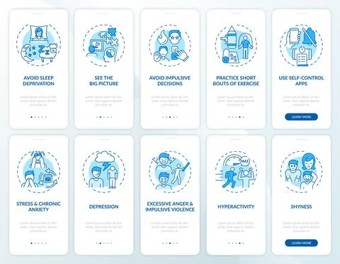 Self control blue onboarding mobile app page screen with concepts set Stock Illustration