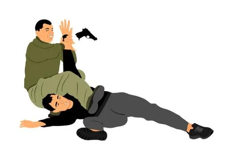 Self defense battle vector. Man fighting against aggressor with gun Stock Illustration