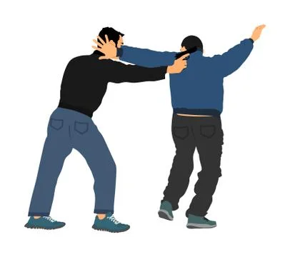 Self defense battle vector. Man fighting against aggressor with gun Иллюстрация