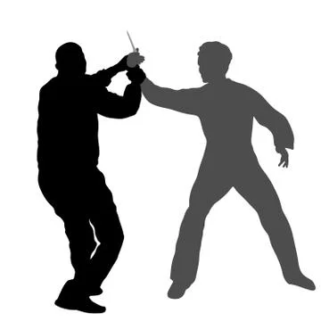 Self defense battle vector silhouette. Man fighting against aggressor with knife Stock Illustration