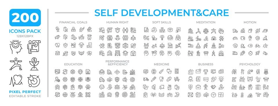 Self development and care line icons set collection Stock Illustration