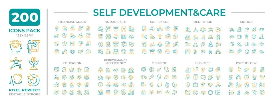 Self development and care two color line icons set collection Stock Illustration