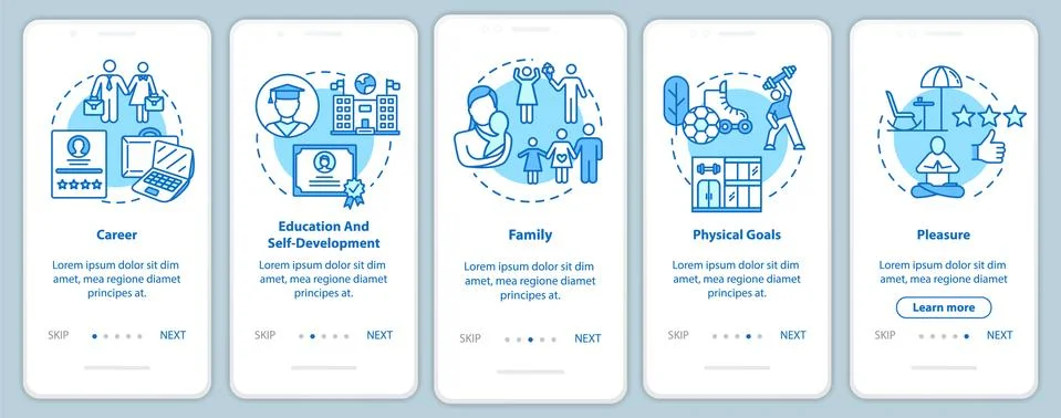 Self-development onboarding mobile app page screen with concepts. Career and Ilustración de archivo