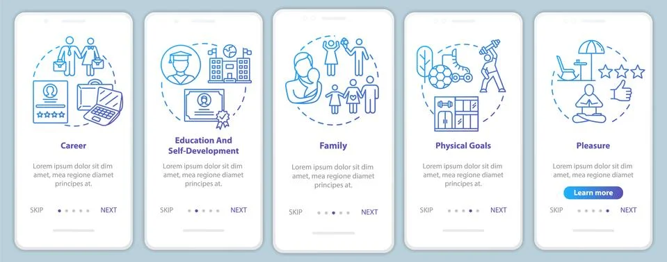 Self-development onboarding mobile app page screen with concepts. Selfcare and Ilustración de archivo