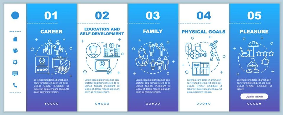 Self-development onboarding vector template. Physical goals. Pleasure and work Ilustración de archivo