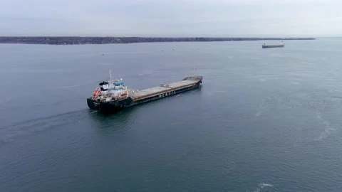 A self discharging bulk carrier ship sailing the St Lawrence River. Video stock 166064025