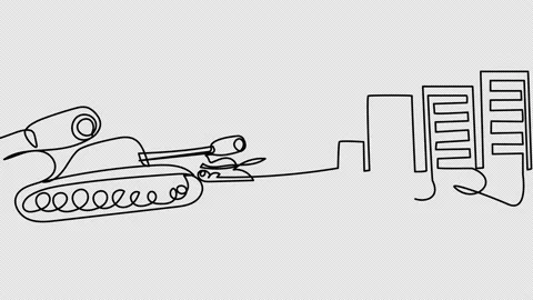 Self-drawing of advancing tanks in the city in one line. Stock Footage 196133653