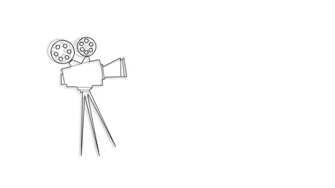 Self drawing animation of black retro cinema camera in work. Copy space. White Vidéo 140530818
