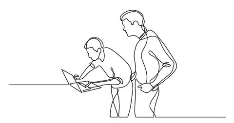Self drawing animation of continuous line drawing of programmers working Stock Footage 88642834