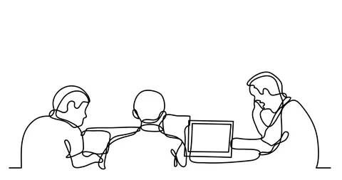 Self drawing animation of continuous line drawing of people working on laptops Video stock 88643506
