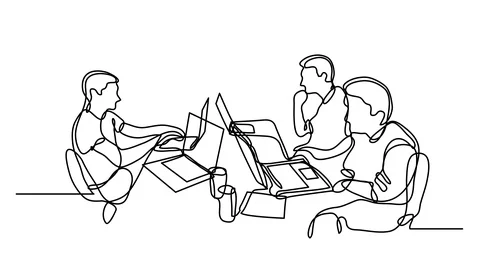 Self drawing animation of continuous line drawing of programmers with laptops Video stock 88643735