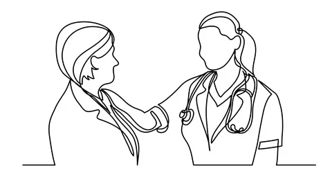 Self drawing animation of continuous line drawing of doctor and woman patient Stock Footage 88900267