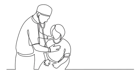 Self drawing animation of continuous line drawing of doctor examining patient Stock Footage 88901269