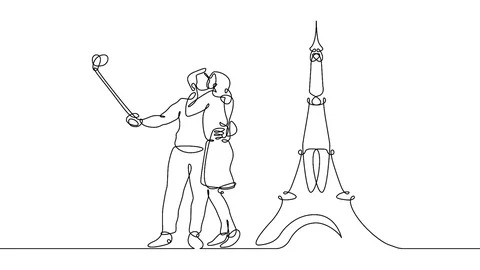 Self drawing animation of Continuous line couple selfie  eiffel tower Video stock 99672638