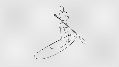 Self drawing animation of continuous line man standing on paddle board Stock Footage 204711522