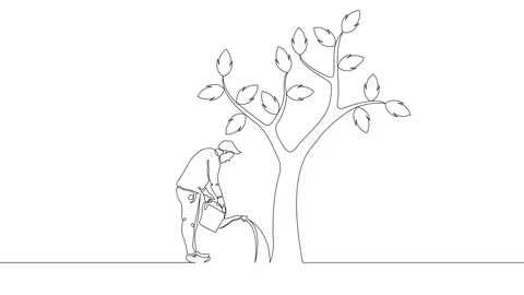 Self drawing animation of continuous one single line drawing  person watering Stock Footage 92128807
