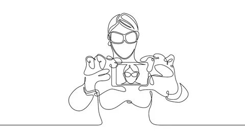 Self drawing animation of Continuous one  line drawing girl female tourists s Stock Footage 99672639