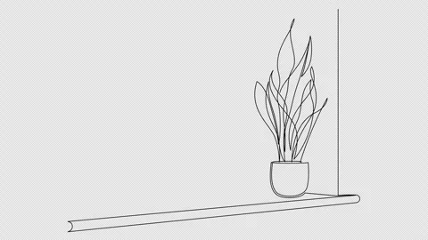 Self drawing animation of flower pot on window sill, line art illustration. Vídeo Stock 305146475