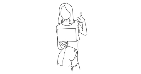 Self drawing animation of of happy young woman holding a blank empty sheet of Stock Footage 164408652