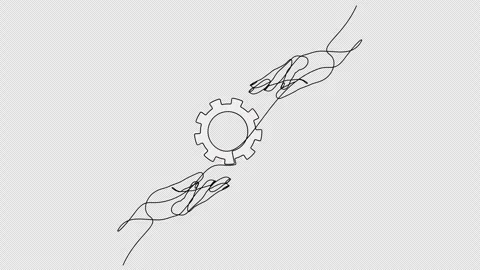 Self drawing animation of linear one hand passing a gear to another hand. Stock Footage 332709919