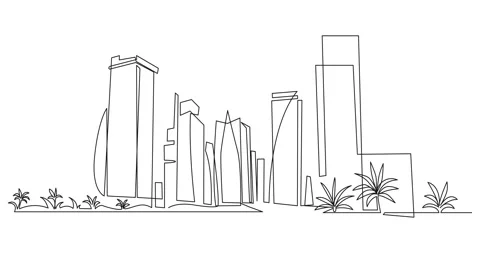 Self drawing animation of Modern cityscape continuous one line drawing Stock Footage 164408617