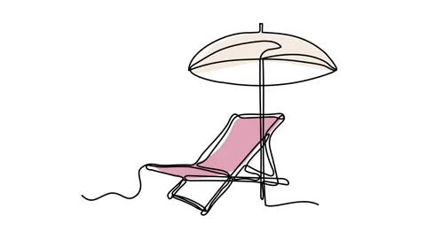 Self drawing animation with one continuous line draw, chaise longue umbrella Stock Footage 260533664