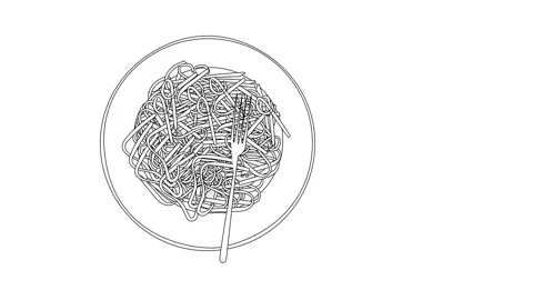 Self drawing animation of plate of pasta, spoon, fork. Italian cuisine Vidéo 134635320