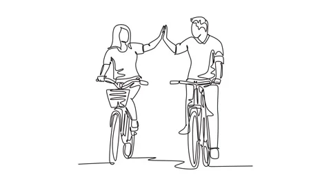Self drawing animation of single line draw young happy couple riding bicycl.. Video stock 252709370