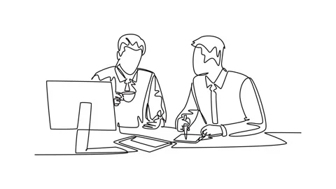 Self drawing animation of single line draw two young men sitting over a cup.. Stock Footage 257417854