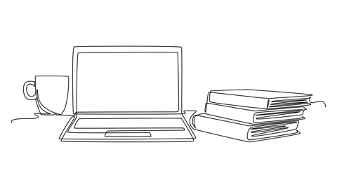 Self drawing animation of single line draw of computer laptop, paper cup of.. Stock Footage 283542716